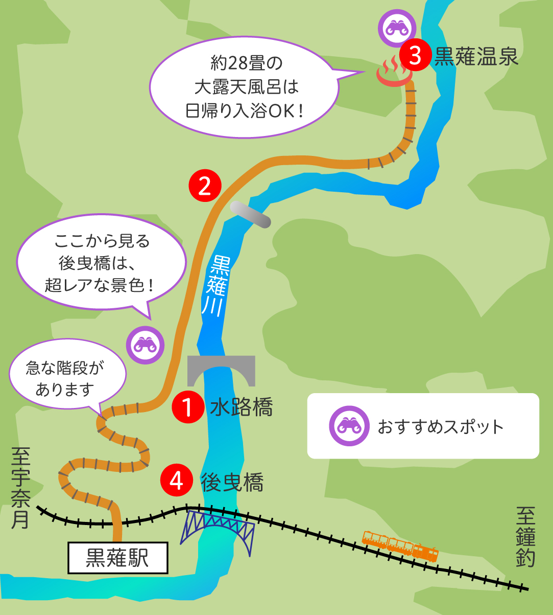 源泉かけ流しの露天風呂やインスタ映え間違いなしの水路橋等見所多数 黒部峡谷鉄道トロッコ電車