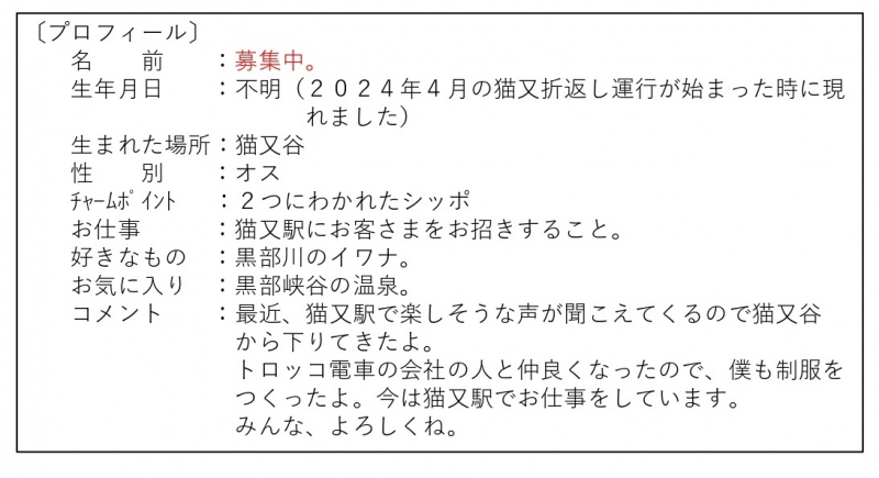 「猫又駅」猫キャラクターの名前募集について